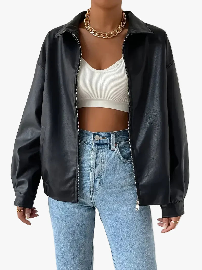 womens-bomber-jacket-with-faux-coated-finish-and-zip-front-1