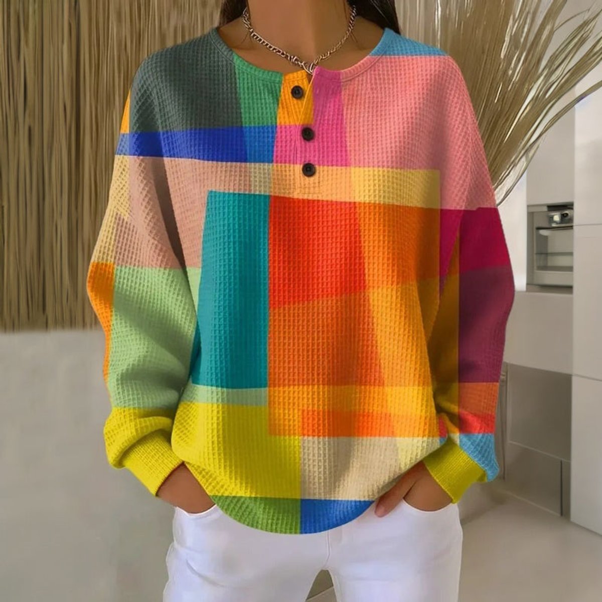 Elodie - Colourblock Waffle-Knit Henley