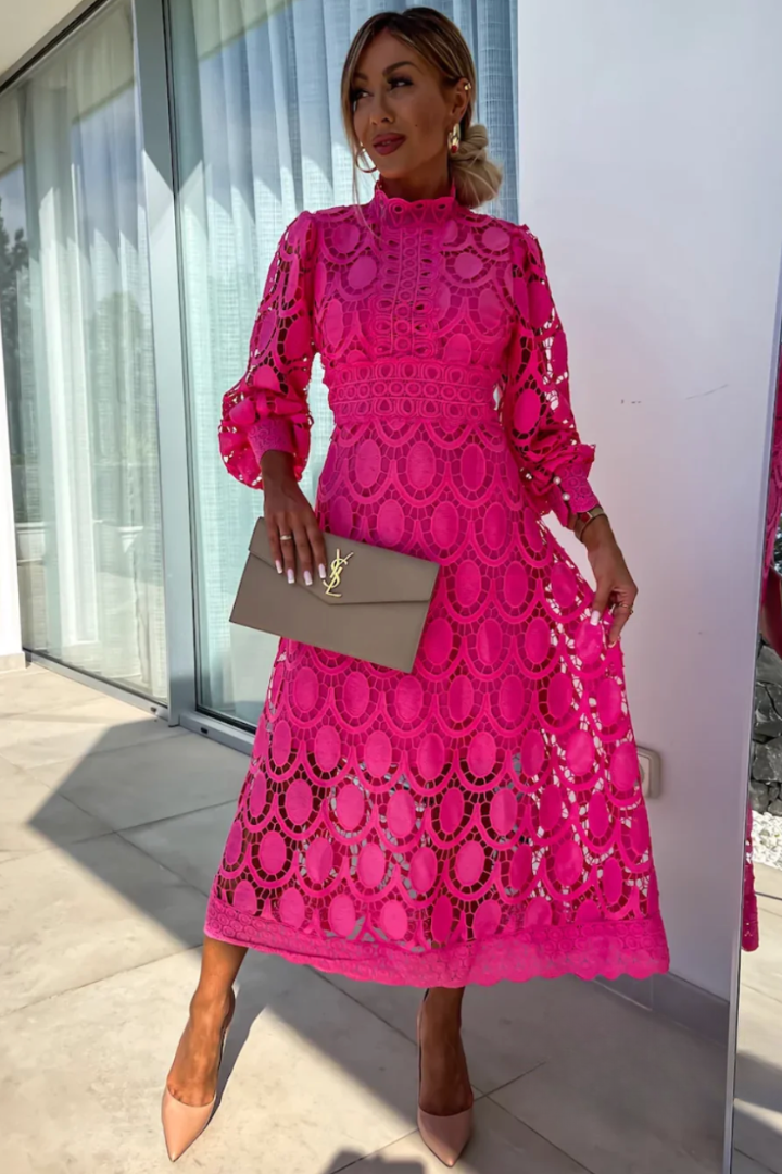 womens-formal-lace-midi-dress-with-stand-collar-and-puff-sleeves-2