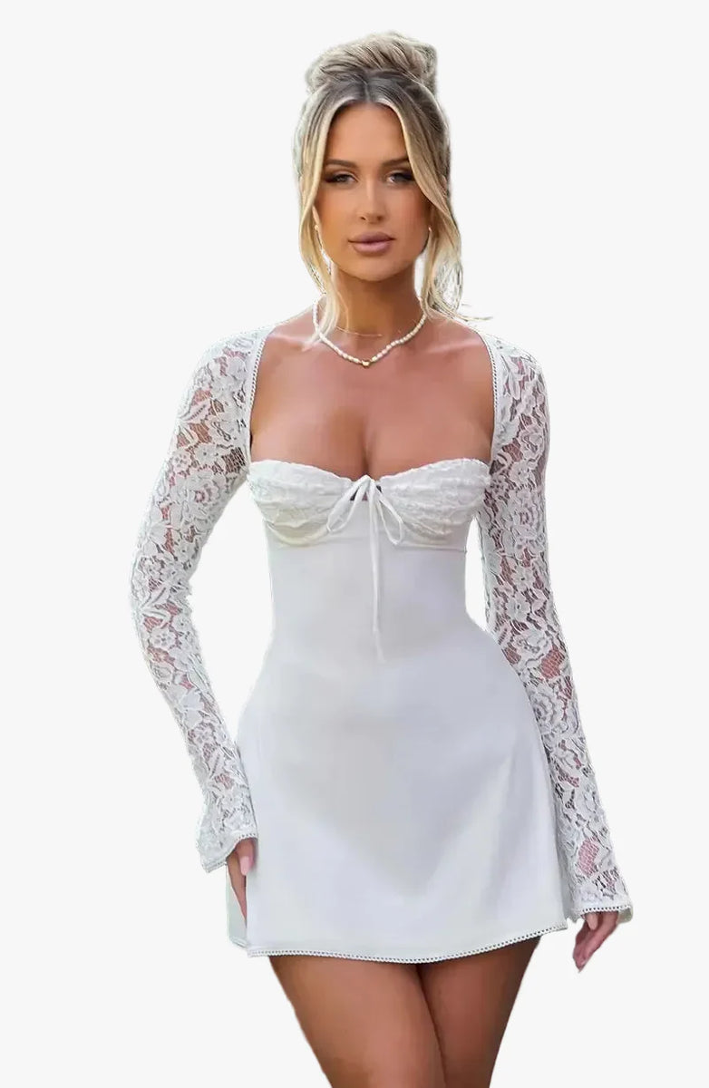 charleston lace mini dress Women's Lace Mini Dress with High Neck and Ruffle Hem