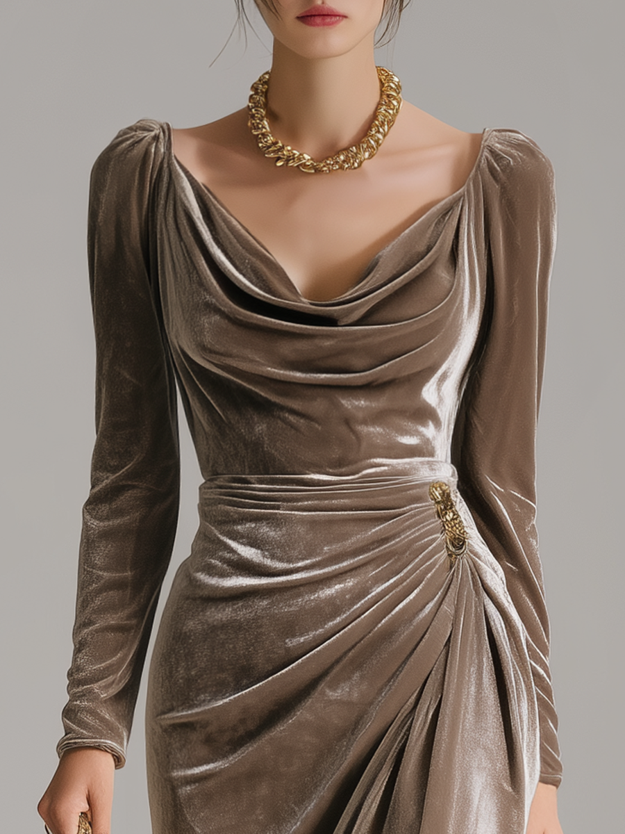 womens-midi-dress-in-velour-with-cowl-neck-and-ruched-wrap-skirt-5