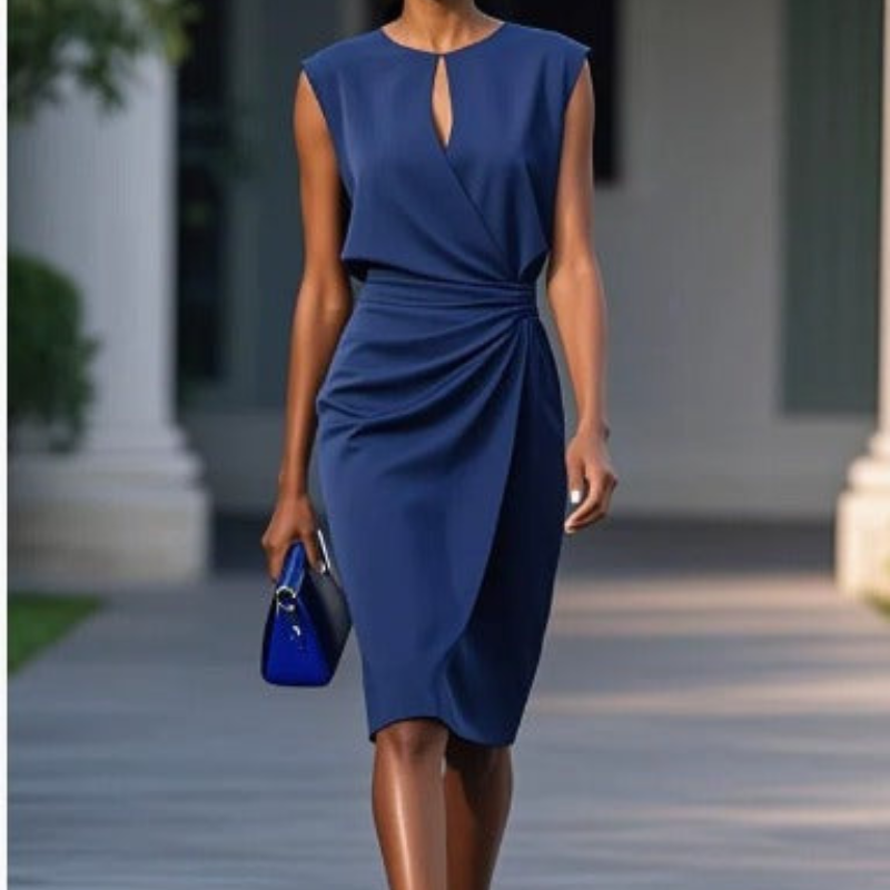 womens-midi-dress-in-woven-material-with-keyhole-neck-and-ruching-9
