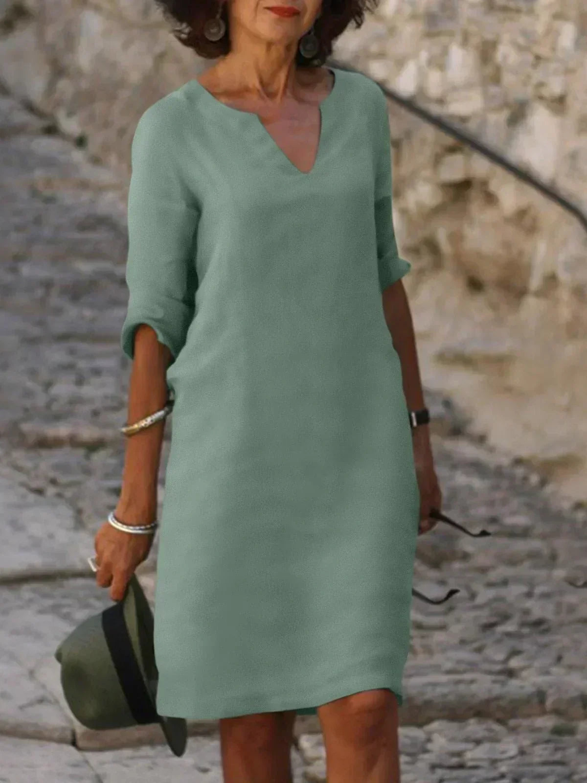 womens-midi-shift-dress-with-woven-surface-and-v-neckline-4