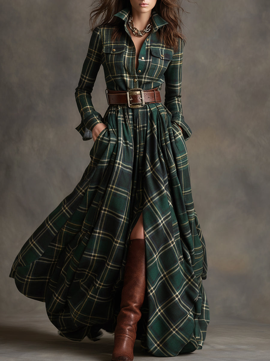womens-plaid-woven-maxi-dress-with-button-placket-and-belt-5