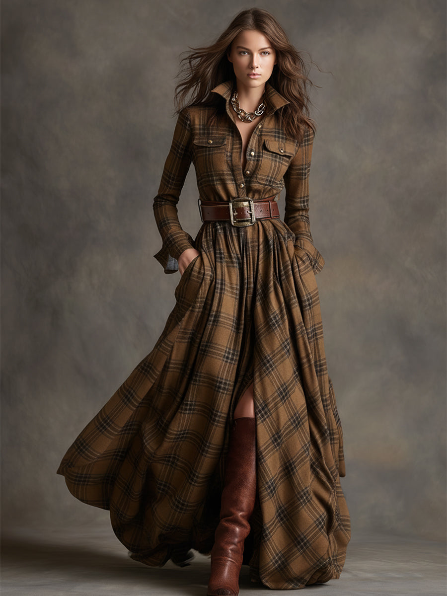 womens-plaid-woven-maxi-dress-with-button-placket-and-belt-9