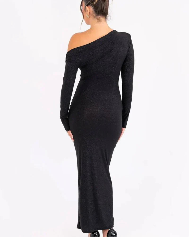womens-shimmer-knit-maxi-dress-with-one-shoulder-neckline-and-draped-waist-3