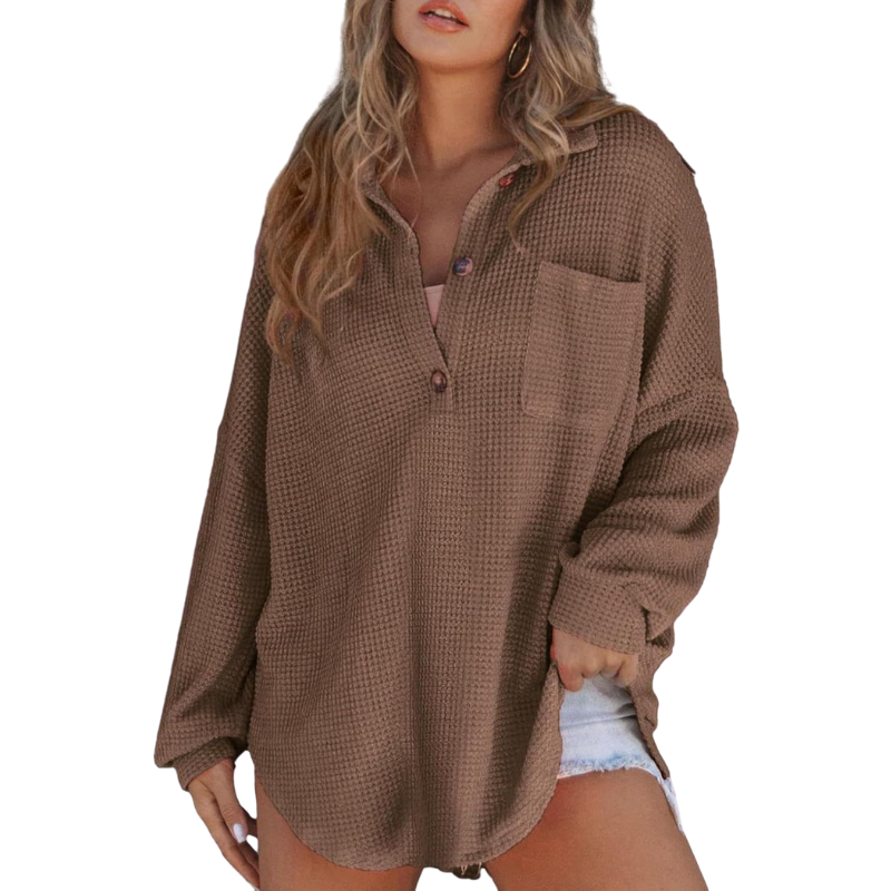 womens-waffle-knit-tunic-top-with-v-neck-and-button-placket-4