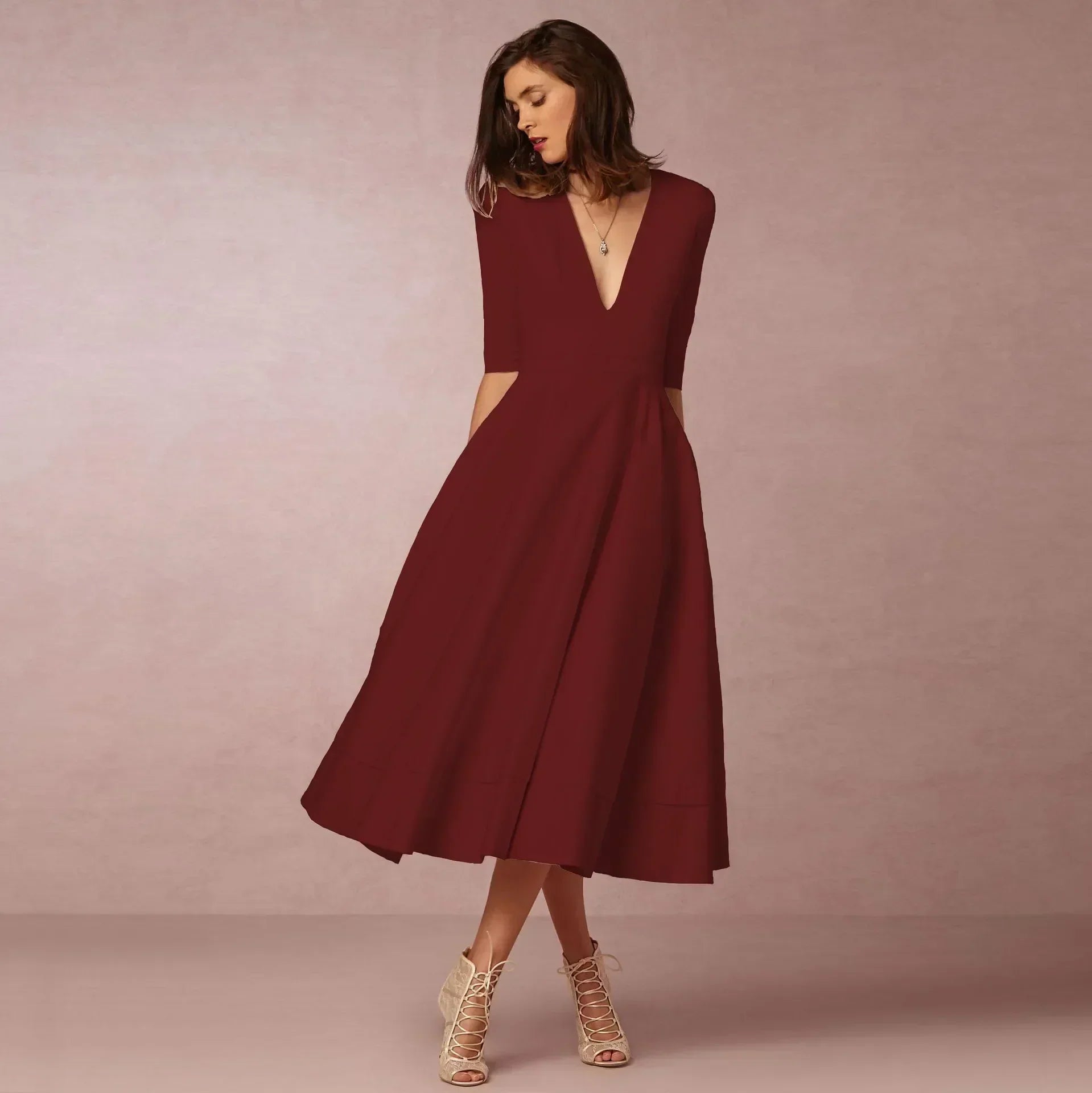 womens-woven-midi-dress-with-v-neck-and-pleated-skirt-4