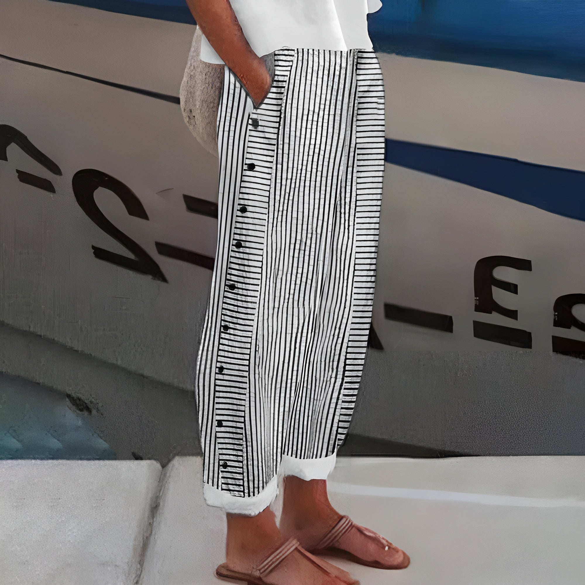 womens-woven-straight-leg-pants-with-side-pockets-and-button-trim-2