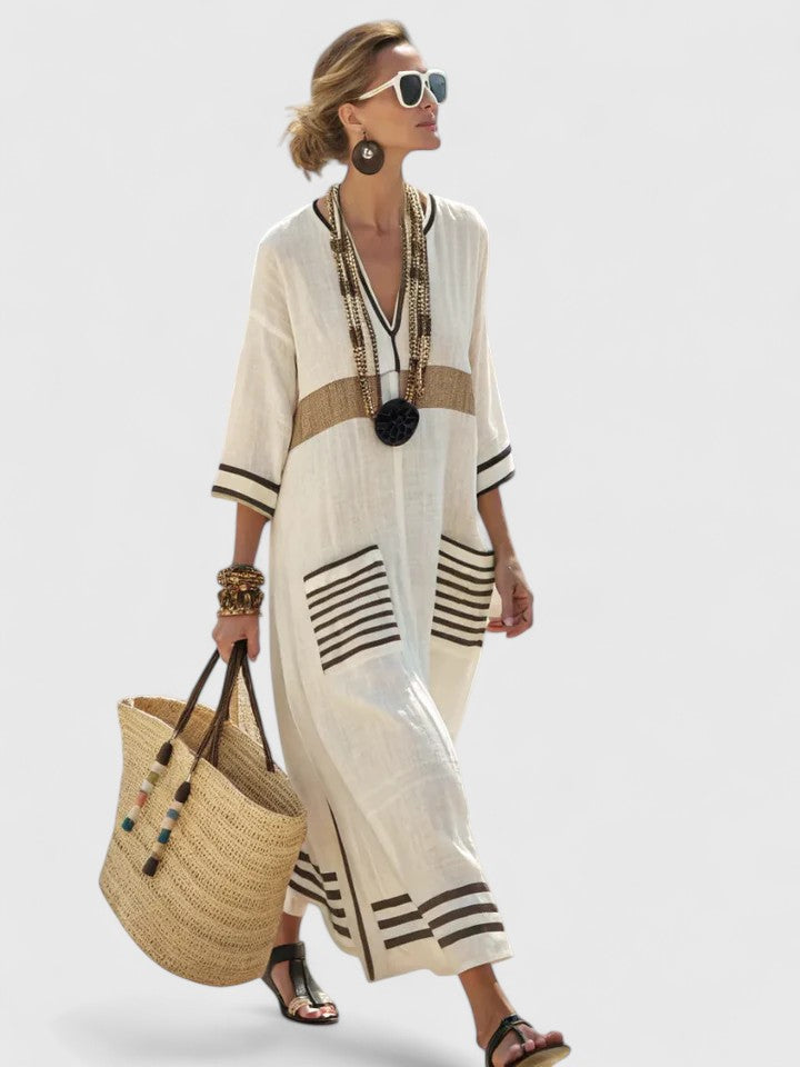 Zara | Women's Linen Stripe-Trim V-Neck Boho Maxi Dress