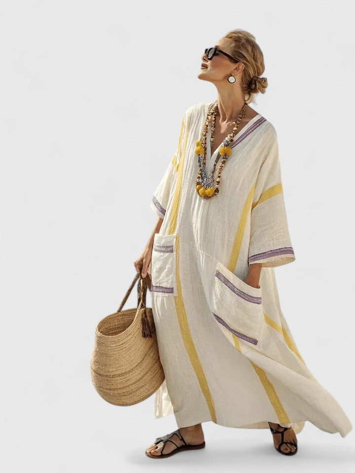 Zara | Women's Linen Stripe-Trim V-Neck Boho Maxi Dress