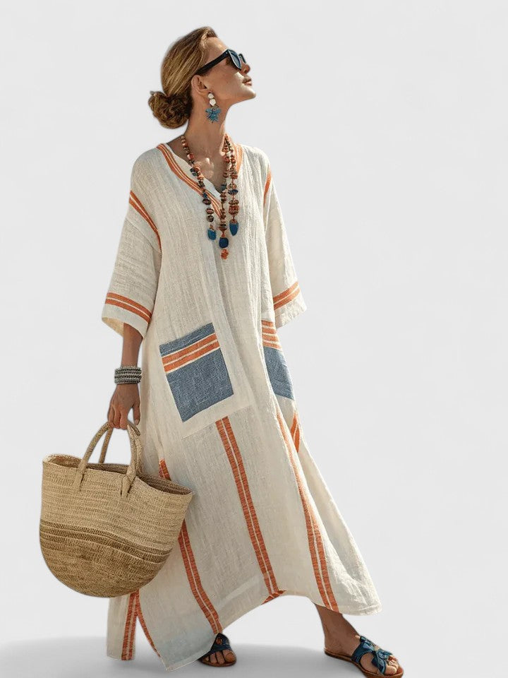 Zara | Women's Linen Stripe-Trim V-Neck Boho Maxi Dress