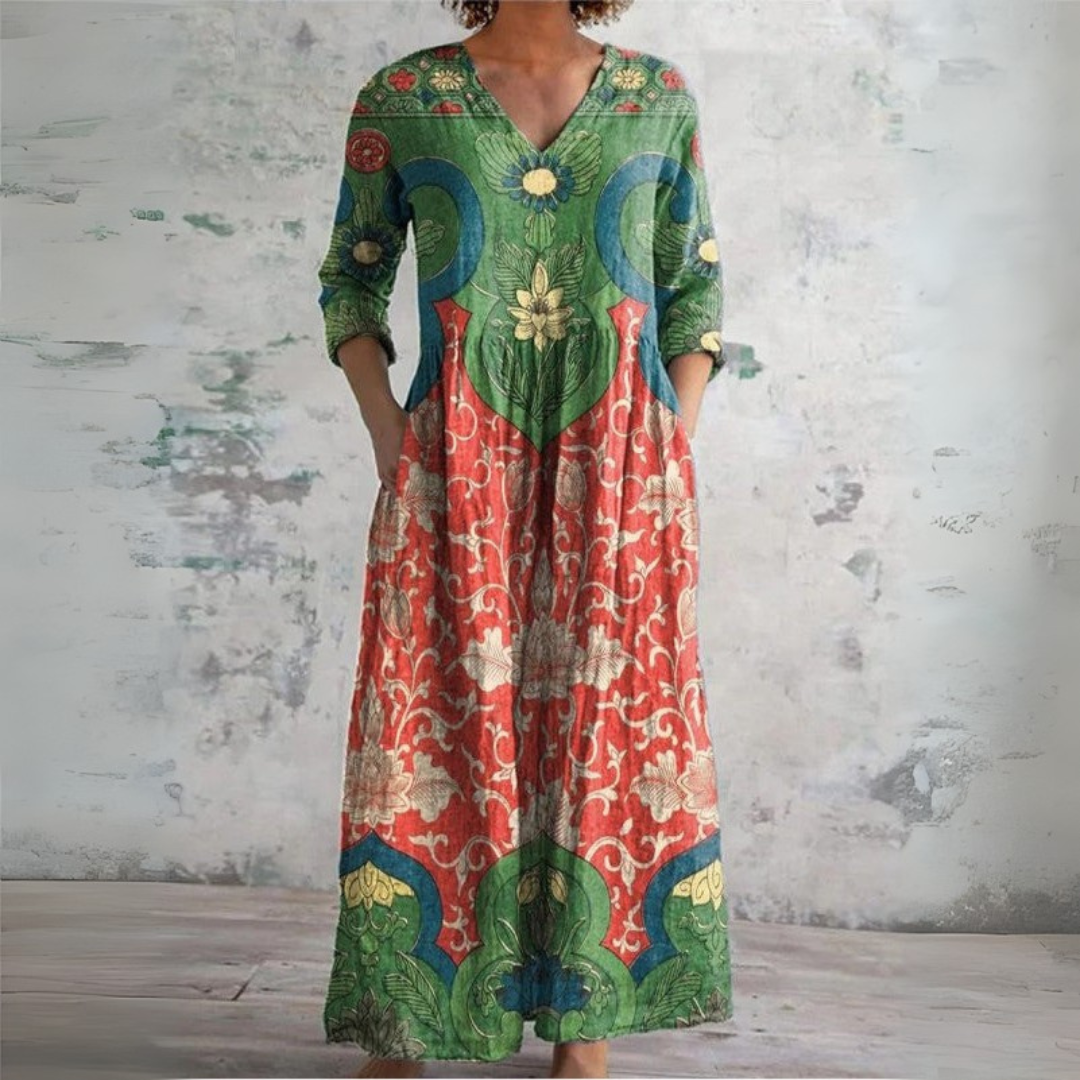 Zola | Women's Green Linen Boho Floral Ethnic V-Neck Maxi Dress
